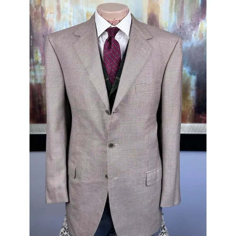 Brioni Nomentano Blazer 44L Cashmere Silk Cream Orange Houndstooth Sport Coat